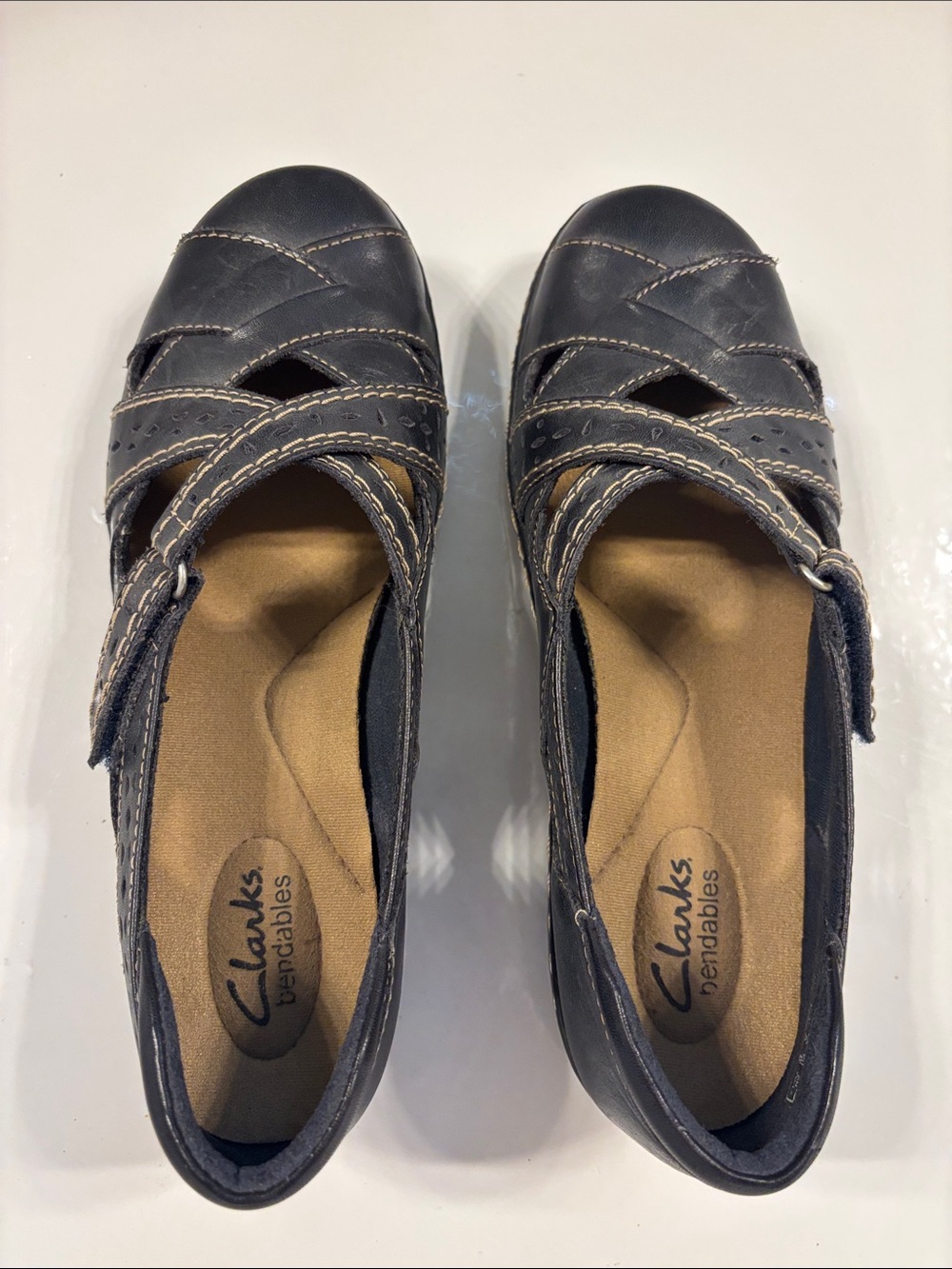 Clarks Black Women's Leather Mary Jane Flats with Cross-Strap